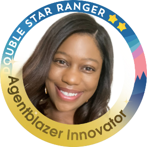 Portrait of Tequila Lamar, Senior Salesforce Solution Architect, wearing an Agentblazer Innovator and Double Star Ranger badge frame